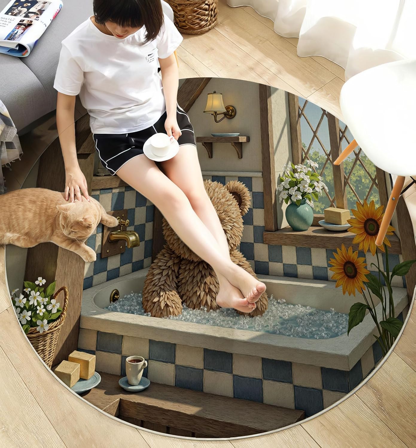 Cute Teddy Bear Bathtub Round Rugs 3Ft, Retro Country Style Round Living Room Area Rug, Washable Large Soft Circle Rug for Bedroom, Non Slip Ultra Thin Floor Carpet for Dining Room, Beige Brown