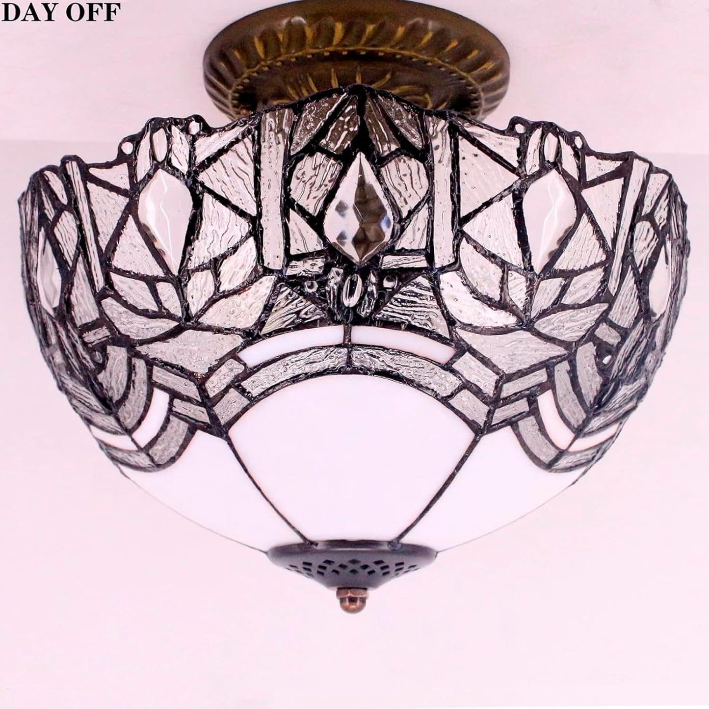 WERFACTORY Tiffany Ceiling Light Fixture Crystal Bead White Stained Glass Semi Flush Mount Lamp Wide 12 Inch, Height 11 Inch S508W Series