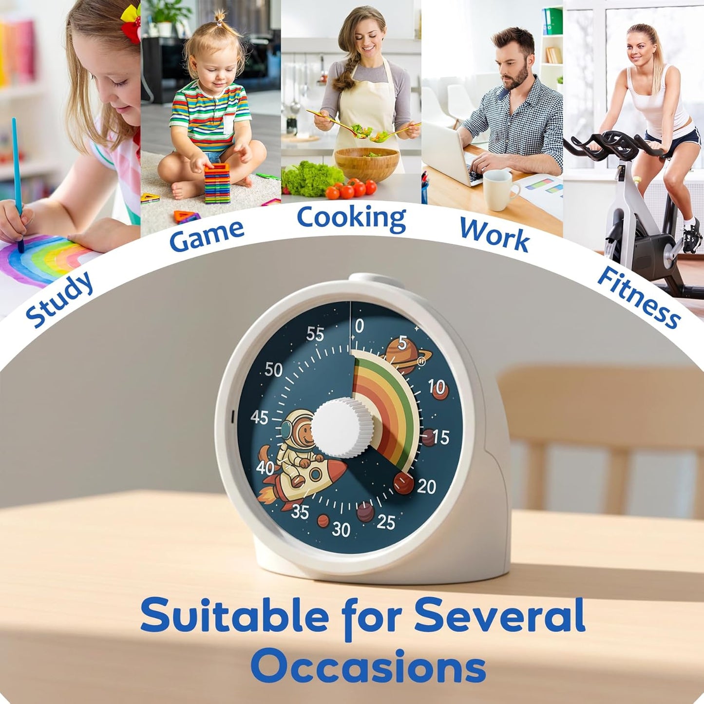 BellMan Visual Timer with Pause Button, 60 Minute Countdown Rainbow Timer for Kids and Adults with Silent Operation, Study and Meetings Time Management Tool, Design for Home, Office and Gift, Rocket