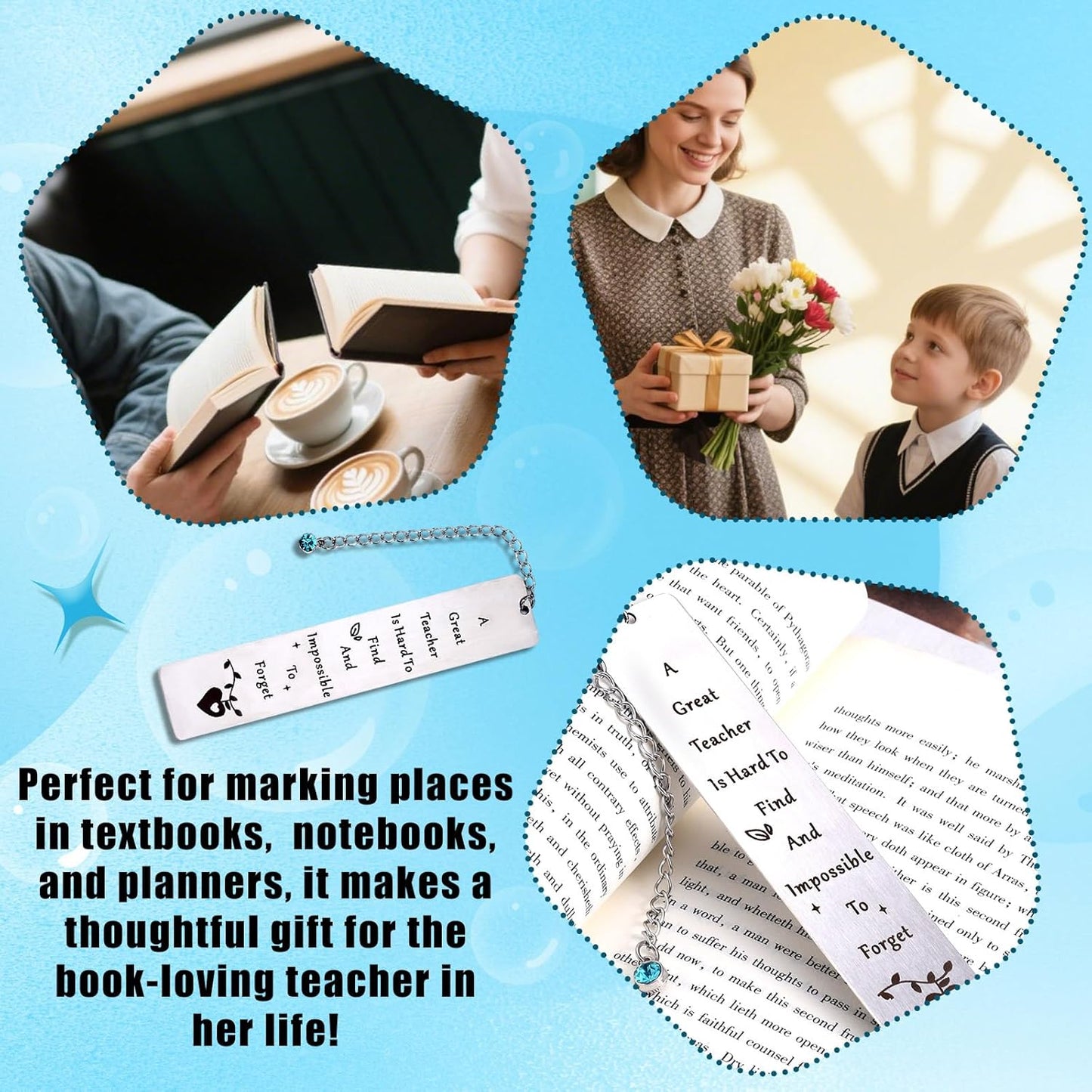 Teacher Appreciation Bookmark, Elegant Metal Bookmark with Gift Box Thank You Gift for Teachers from Students for Women Men Graduation Retirement Christmas (Blue Charm)