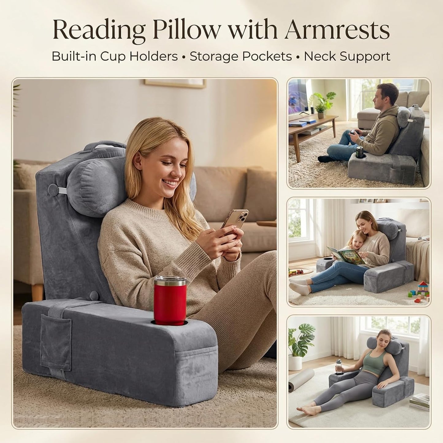 AS AWESLING 21 INCH Reading Pillow for Adults, Back Pillow for Bed Sitting Up, Backrest Pillow for Sitting in Bed, Detachable Arms with Built-in Cup & Phone Caddy (Gray, 21 INCH)