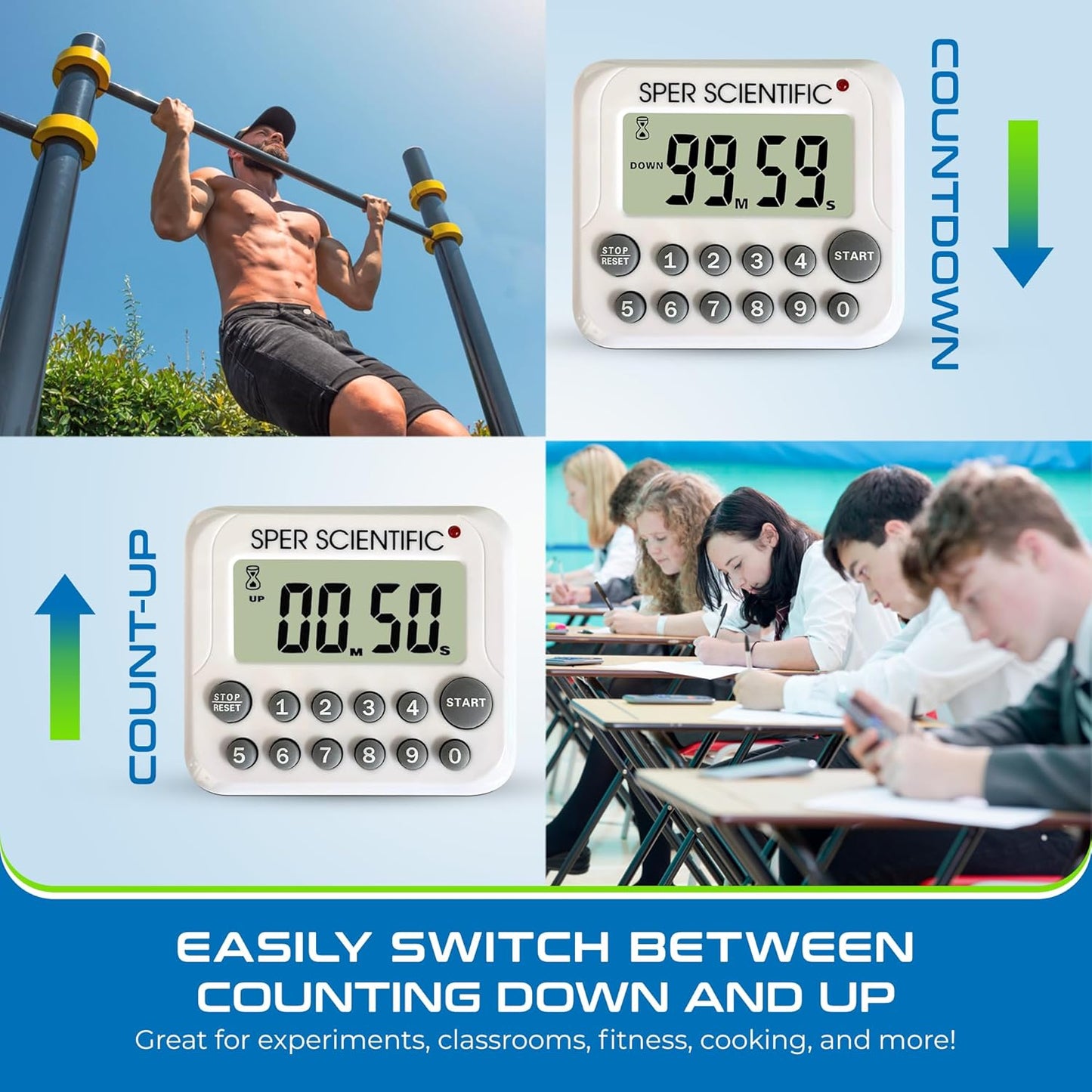 Sper Scientific Digital Count Up/Down Timer with Audible & Visual Alarm 810003 – Timer with Large Display & Loud Alarm with Up to 99 Minute Countdown - for Labs, Cooking, Workouts, Classroom & More