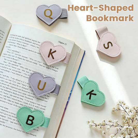 MOTEERLLU Magnetic Leather Bookmark with Pen Holder,Custom Heart-Shaped Bookmarks with Initial for Reading Women,Men,Teachers,Book Lovers Gifts(Pink A)