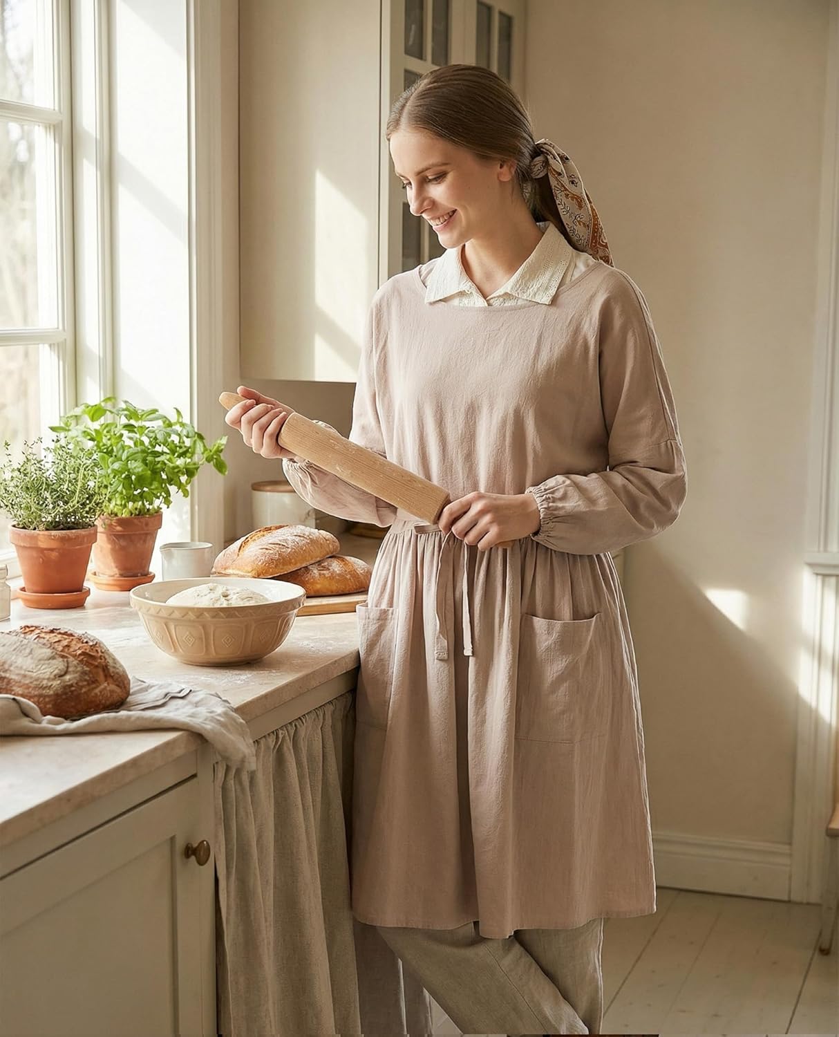 Nanxson Cotton Linen Apron - Women's Long Sleeve Apron for Cooking, Gardening, Painting, Baking & Housework - CFL0001