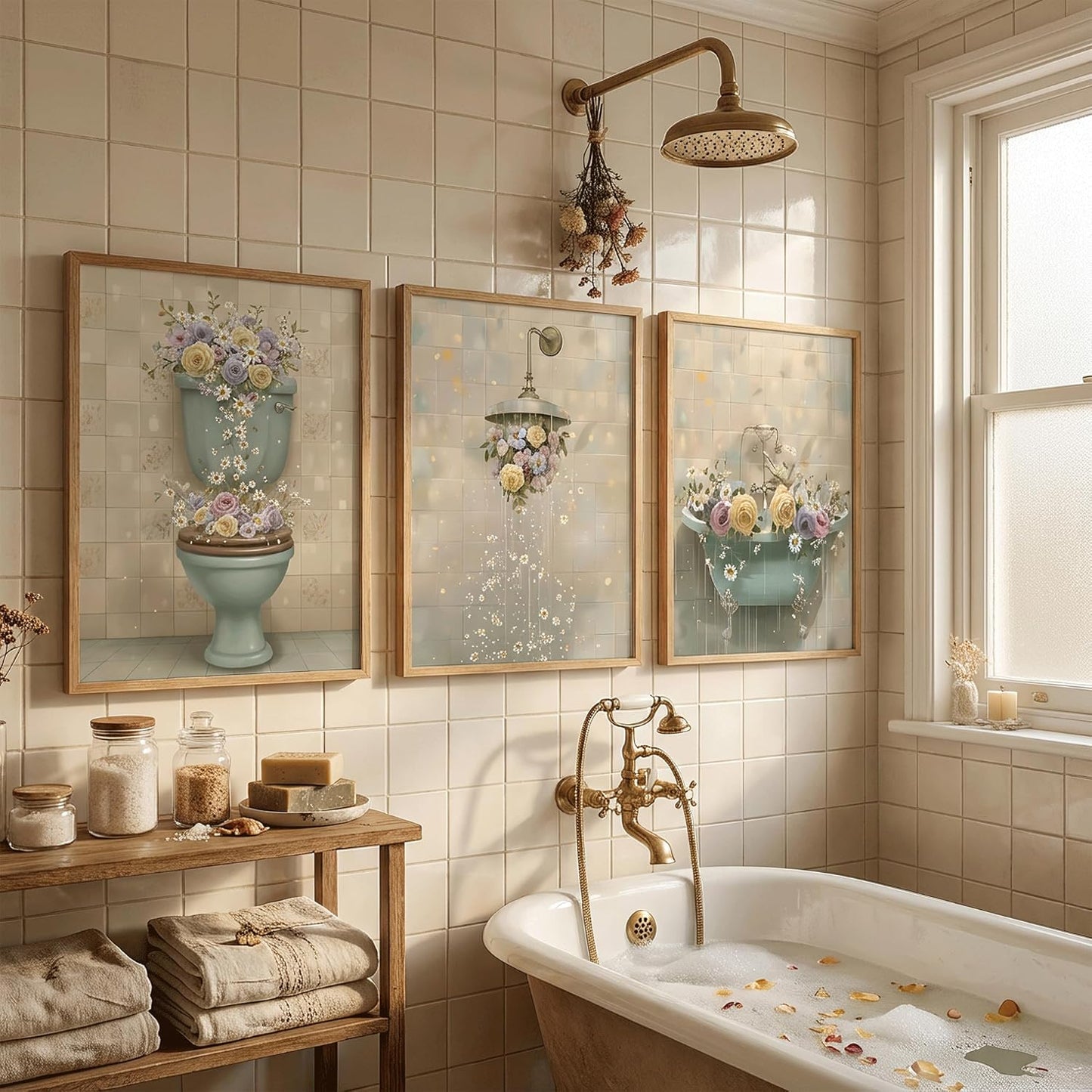 3pcs Framed Vintage Floral Bathroom Canvas Wall Art Beige Floral Shower Posters Prints Paintings Rustic Cottagecore Wildflower Paintings for Toilet Washroom WC Paintings Decoration Prepare To Hang