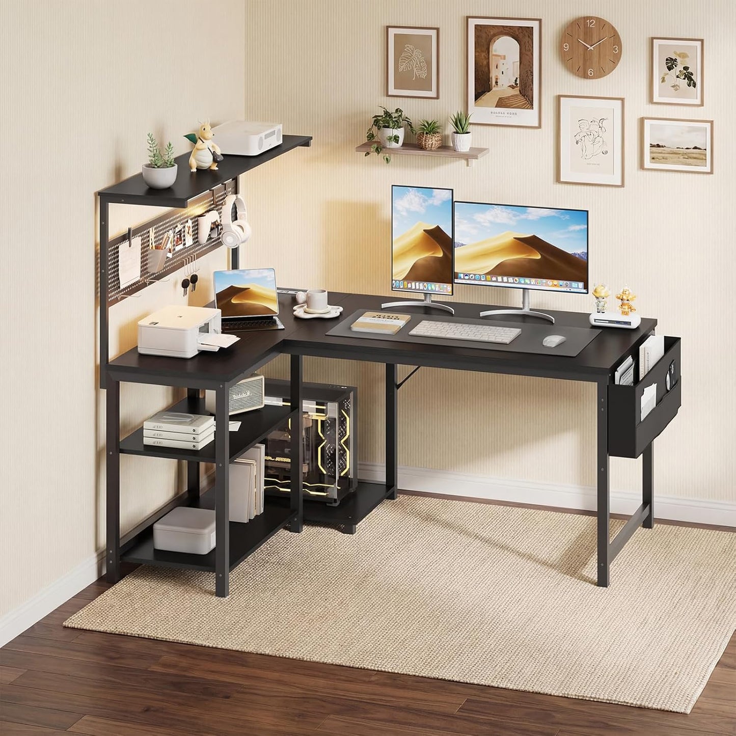 Apicizon L Shaped Desk Gaming Desk with LED Light & Power Outlet, 48 Inch Reversible Computer Desk with Pegboard & Shelf & Storage Bag for Home Office, Black