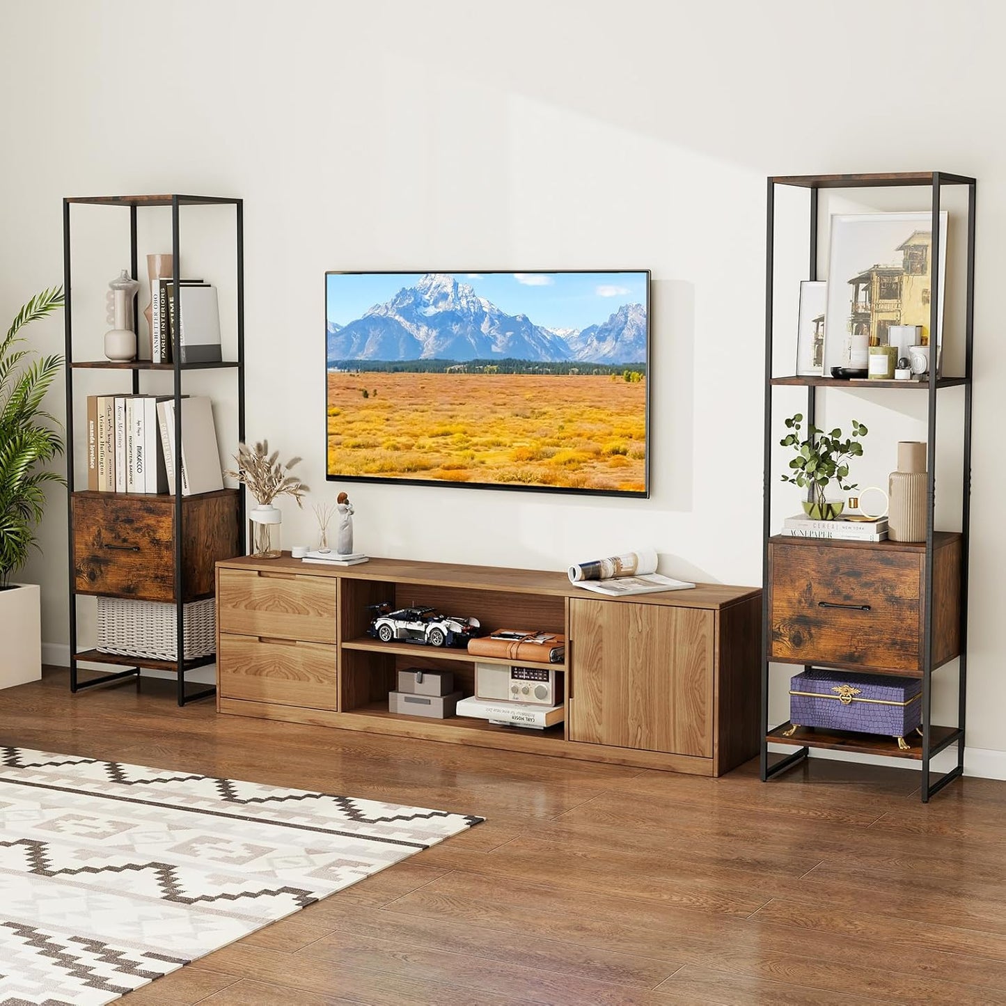 Giantex 5-Tier Bookshelf with Drawer, Narrow Bookcase w/Open Shelves & Metal Frame, Modern Storage Organizer Shelving Unit, Freestanding Display Rack for Bedroom Living Room (1,Rustic Brown+Black)