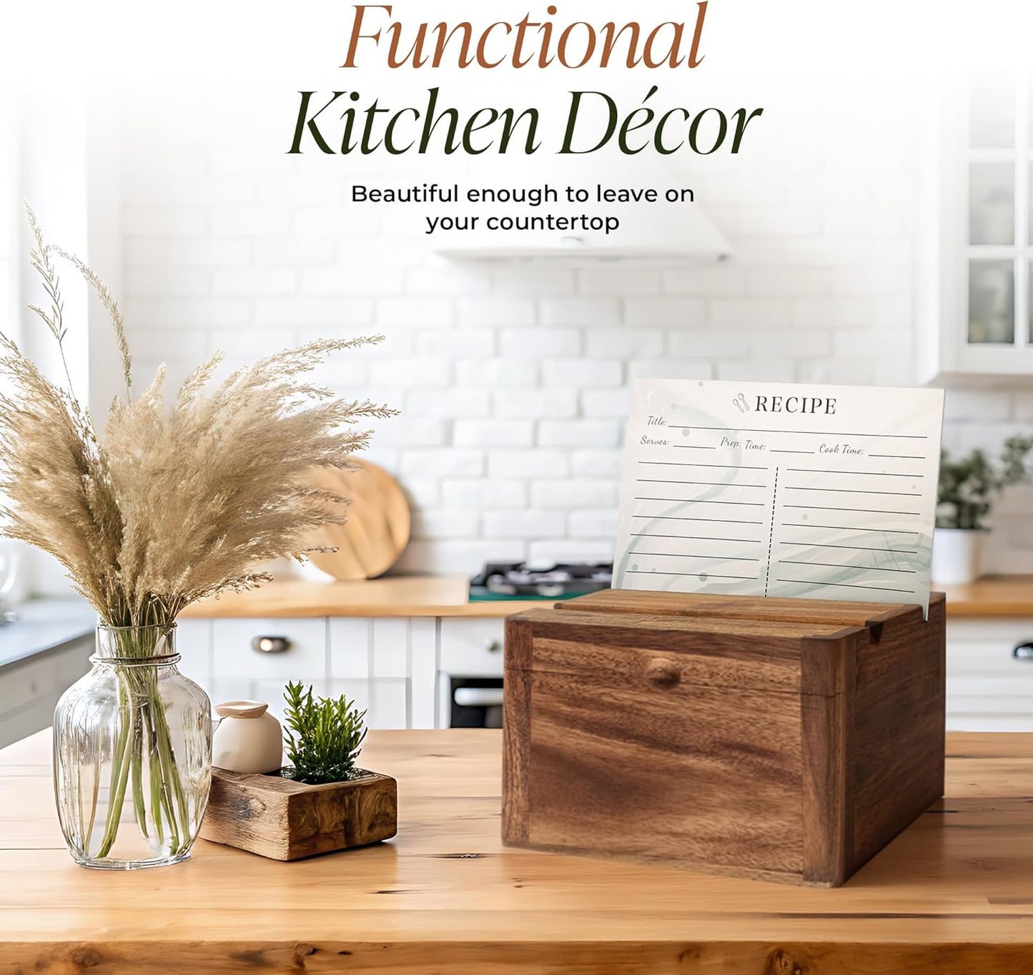 Rustic Wood Recipe Box Keepsake for 4x6 Cards with Divider & Phone Stand, Double Layer Recipe Card Holder, Includes 100 Cards & 9 Dividers, Acacia Walnut Organizer, Gift for Mom