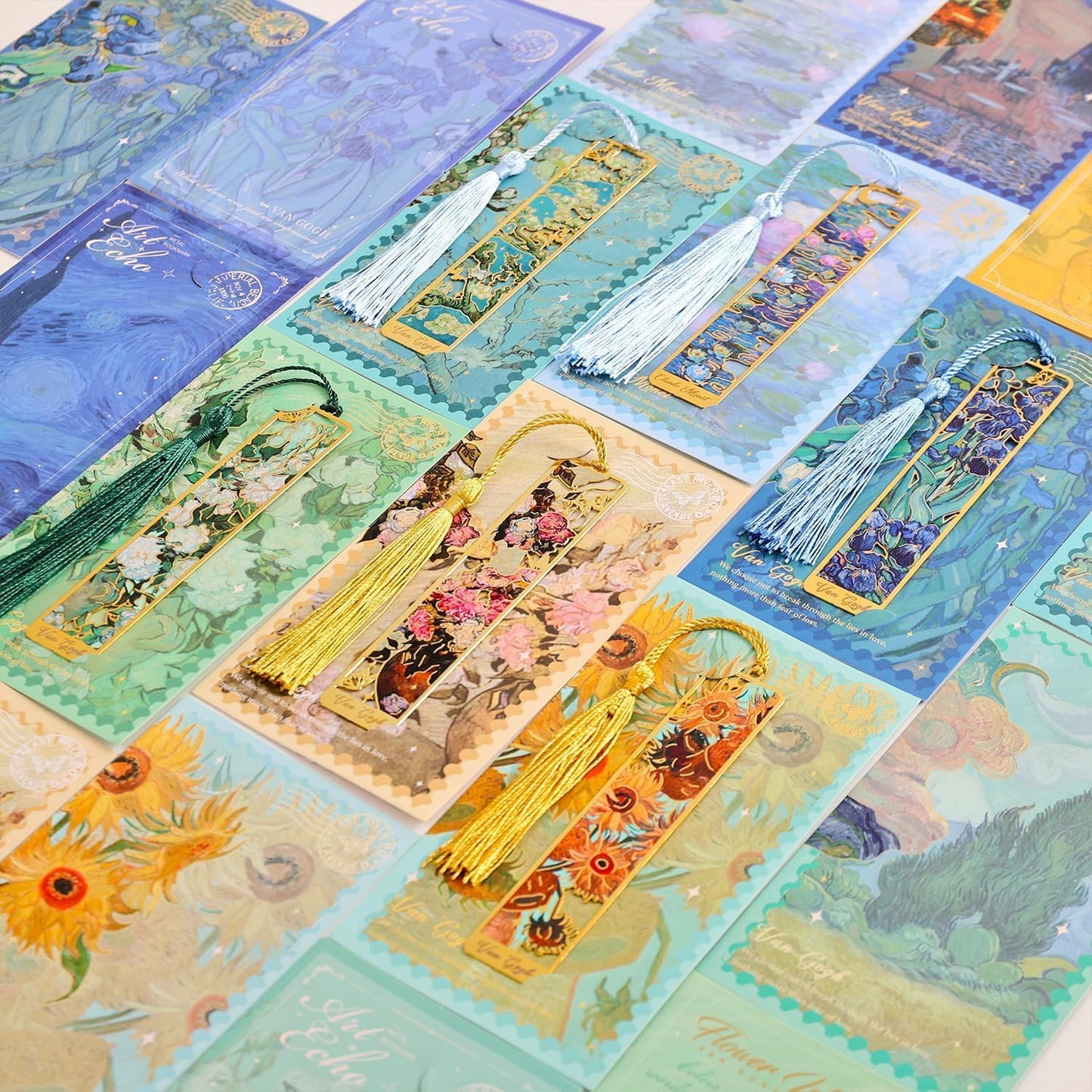 6 Pieces Metal Bookmarks with Tassel, Golden Hollow Bookmark Van Gogh and Claude Monet Oil Painting Theme Book Mark Bookmarks for Book Lovers Writers Readers Children Teens Men Women (6Pcs)