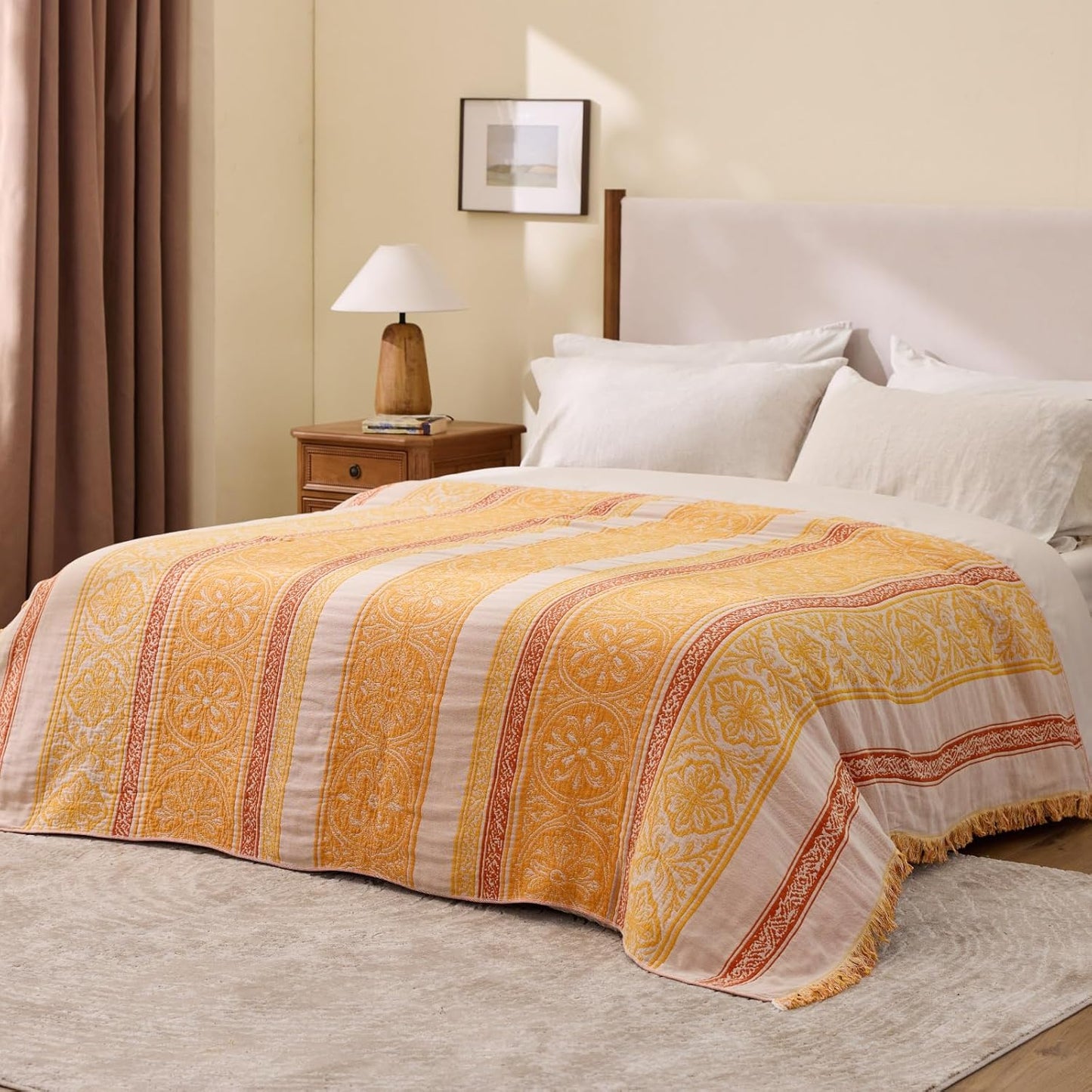 100% Cotton Boho Throw Blanket for Home Decor – Classic Farmhouse Quilt Bedding, Muslin Blankets for Adults, Vintage Woven Decorative Blanket for Couch, Bed Layering Use, Bohemian Stripe, 50"x60"