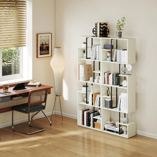 Manora 4 Tier Geometric Bookcase, S Shaped Bookshelf, Modern White Bookcase with Tall Display Shelves, Decorative Storage Shelf for Living Room and Bedroom