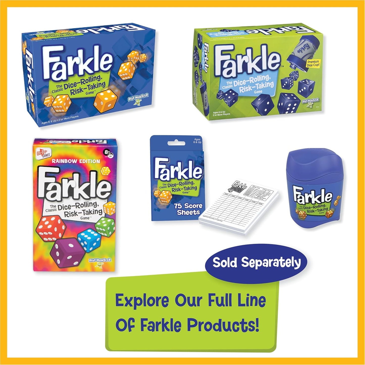 Farkle Classic Dice Game – Rainbow Kids Games, Dice Games, Family Games, Travel Games, Adult Games, Board Games, Dice Cup, Dice Set, Farkle Score Sheets Included, Ages 8+