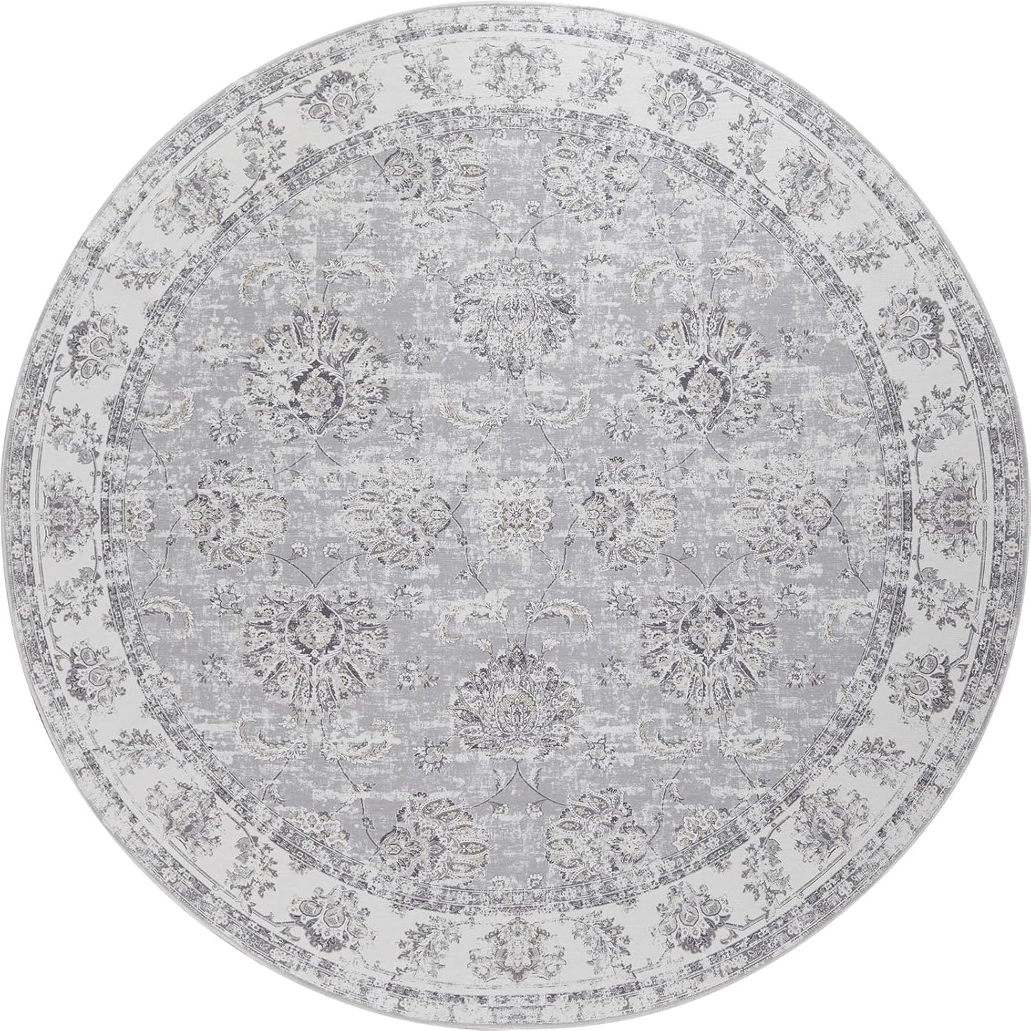 jinchan Fiora Round Rug 4ft Area Rugs Vintage Floral Distressed Design - Machine Washable Non-Slip Low-Pile Ultra-Thin Circle Rug for Entryway Bedside Living Room Dining Room Bedroom (4' Round, Grey)