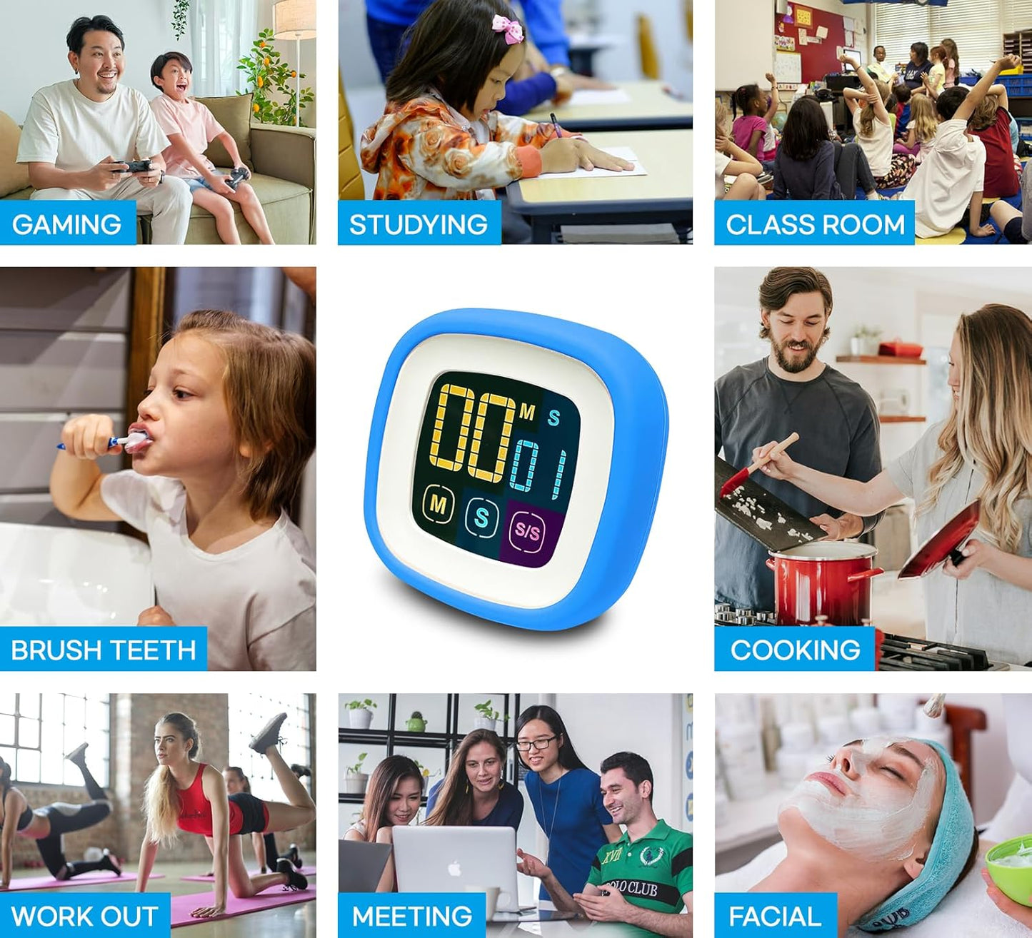 Digital Kitchen Timer (Protective Silicone Case) - Touch Control, Large Backlit LCD Display with Color Bold Digits, Magnetic Kickstand, Loud Alarm, Auto Memory, Countup/Countdown (Sky Blue)