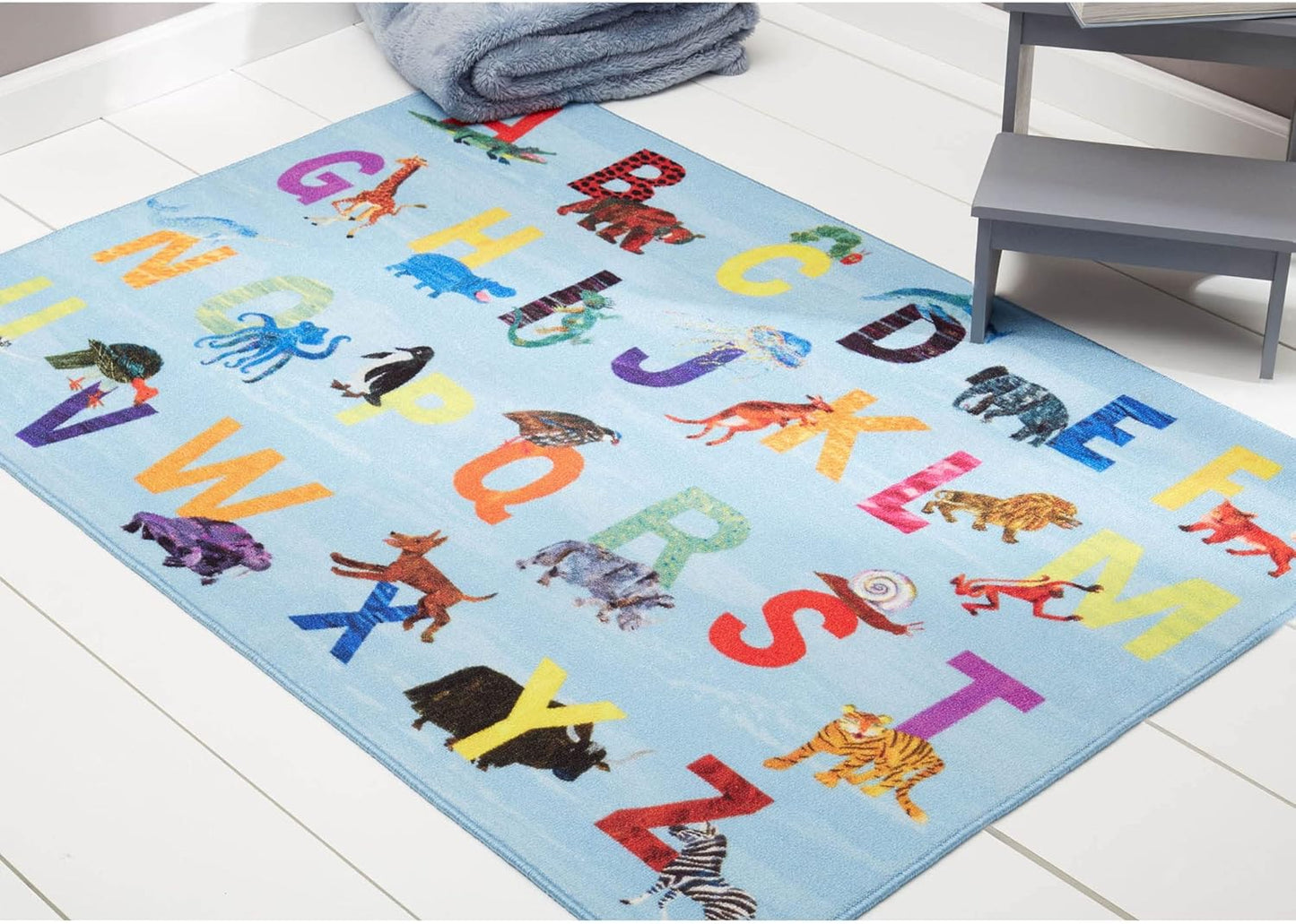 Eric Carle Elementary Blue Alphabet Kids Machine Washable Area Rug Blue/Orange, 35"x51"
