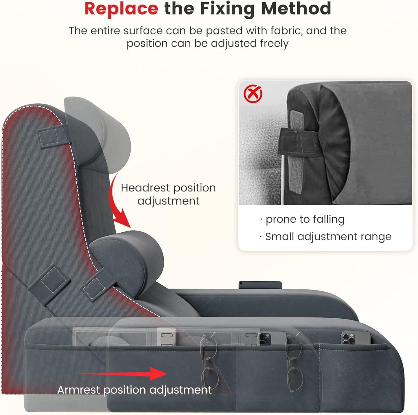 Reading Pillow for Sitting in Bed Adult, 22" Back Pillow for Bed Sitting up with Armrests & Storage Pockets, Ergonomic Wedge Pillow for Watching TV, Gaming, Working, Recovery, 5PCS, Grey
