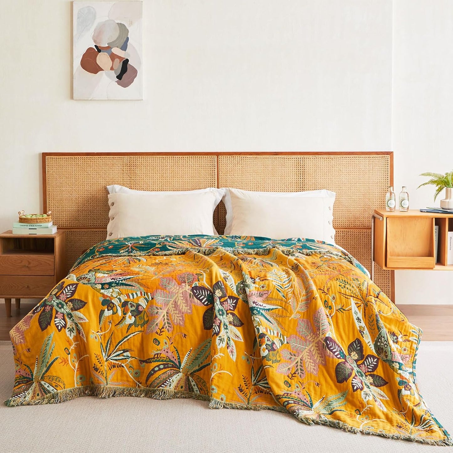 Boho Throw Blanket - 60"x80" Soft Cotton Throw Blanket Muslin Blankets for Bed, Reversible Lightweight Spring Blanket with Floral Printed, All Season Farmhouse Decor Rustic Blanket