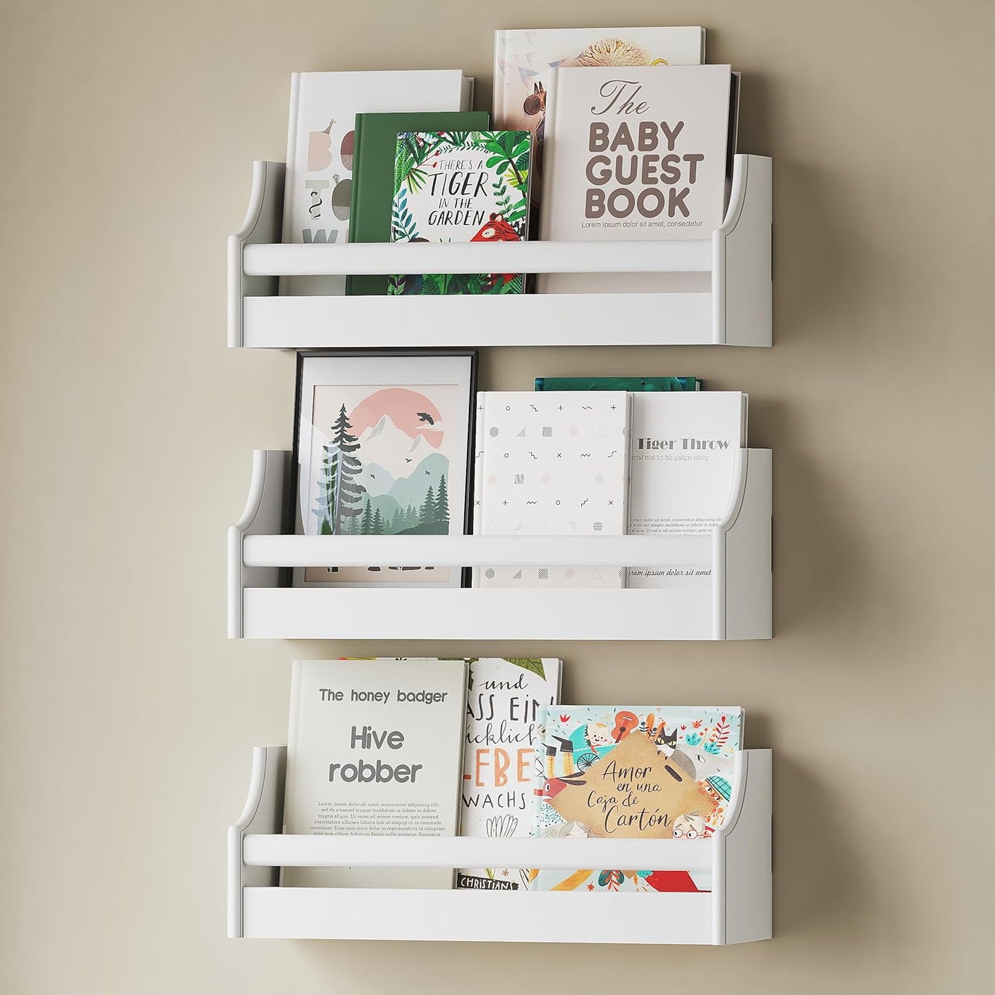 UTEX Floating Nursery Book Shelves Set of 3, Baby Hanging Bookshelves for Wall Decor and Storage, Wall Mounted Book Shelf for Kids Room, Nursery, Playroom, Bedroom, 16.3 Inch, White, SS24-UTX-K065W