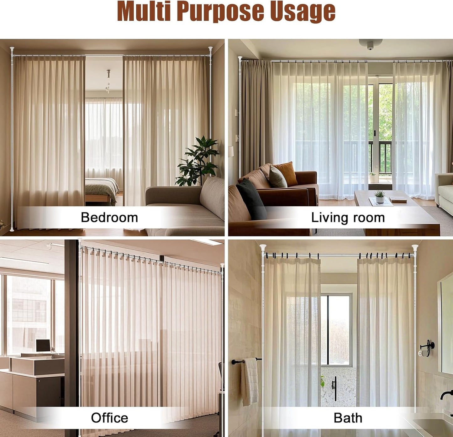 Room Divider Curtain Rod,No Drilling Curtain Rod Wall Divider for Room Separation, 4-10ft (H) 28-70inch(W) Adjustable Floor to Ceiling Portable Hanging Room Divders Partitions Space Separator Silver