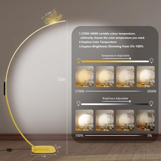 Modern Butterfly Arc Floor Lamp - Dimmable 2000 Lumens Arched Floor Lamp with Remote Control, 3 Color Modes & Foot Switch, Elegant Arc Floor Lamps for Living Room, Bedroom, Office Decor (Gold)