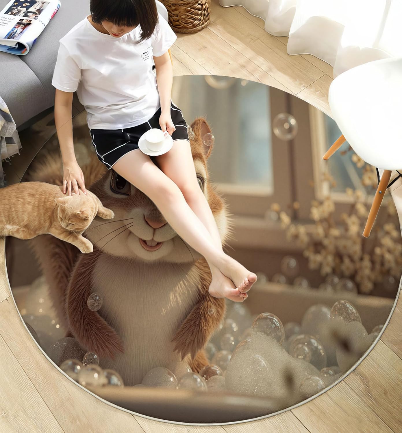 2Ft Round Washable Rug - Large Area Rug for Living Room Dining Room, Beige Soft Bedroom Carpet with Cute Squirrel Bathtub Pattern, Fun Animal Décor, Low Pile Stain Resistant