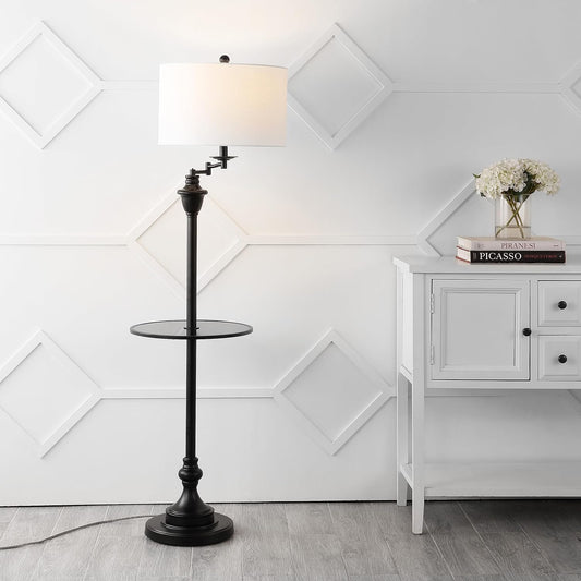 JONATHAN Y 60" Black Floor Lamp with Integrated Glass Side Table, Modern Swing Arm Standing Lamp for Living Room, White Linen Shade, LED Bulb Included (JYL3055D)