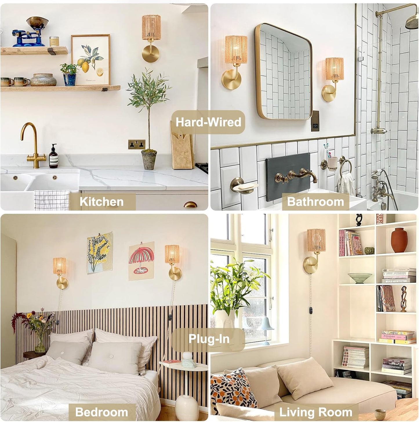 Wall Sconce Light Plug In Set of 2, Stepless Brightness Hand Woven Rattan Wall Light with Dimmable ON/OFF Cord Switch, Gold Brass Metal Wall Mounted Light, Boho Lamp for Bedside Bedroom Living Room