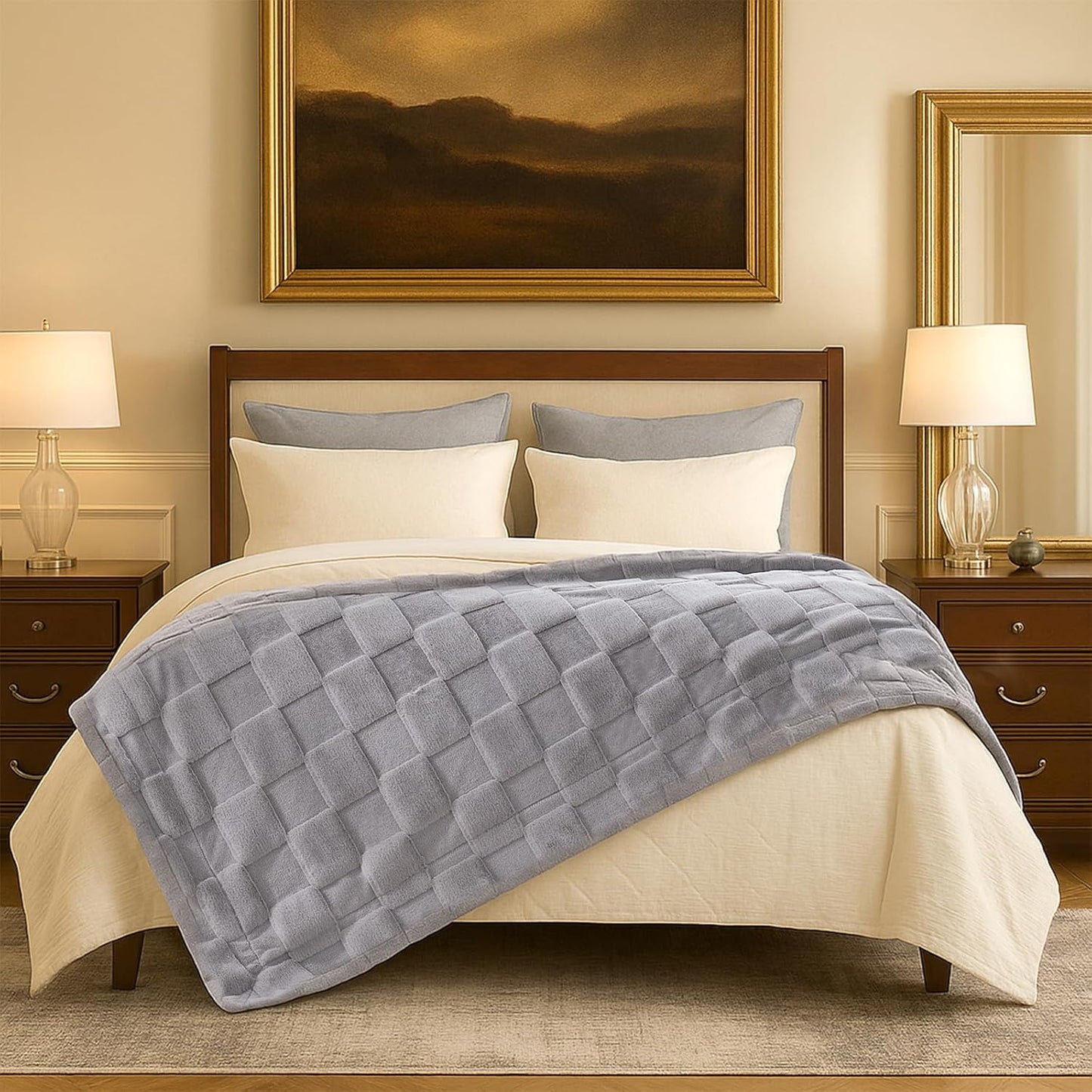 Cozy Bliss Checkered Faux Rabbit Fur Grey Throw Blanket, Soft Fuzzy Fluffy Minky Furry Blankets for Couch, Bed (50 * 60 Inches Light Grey)