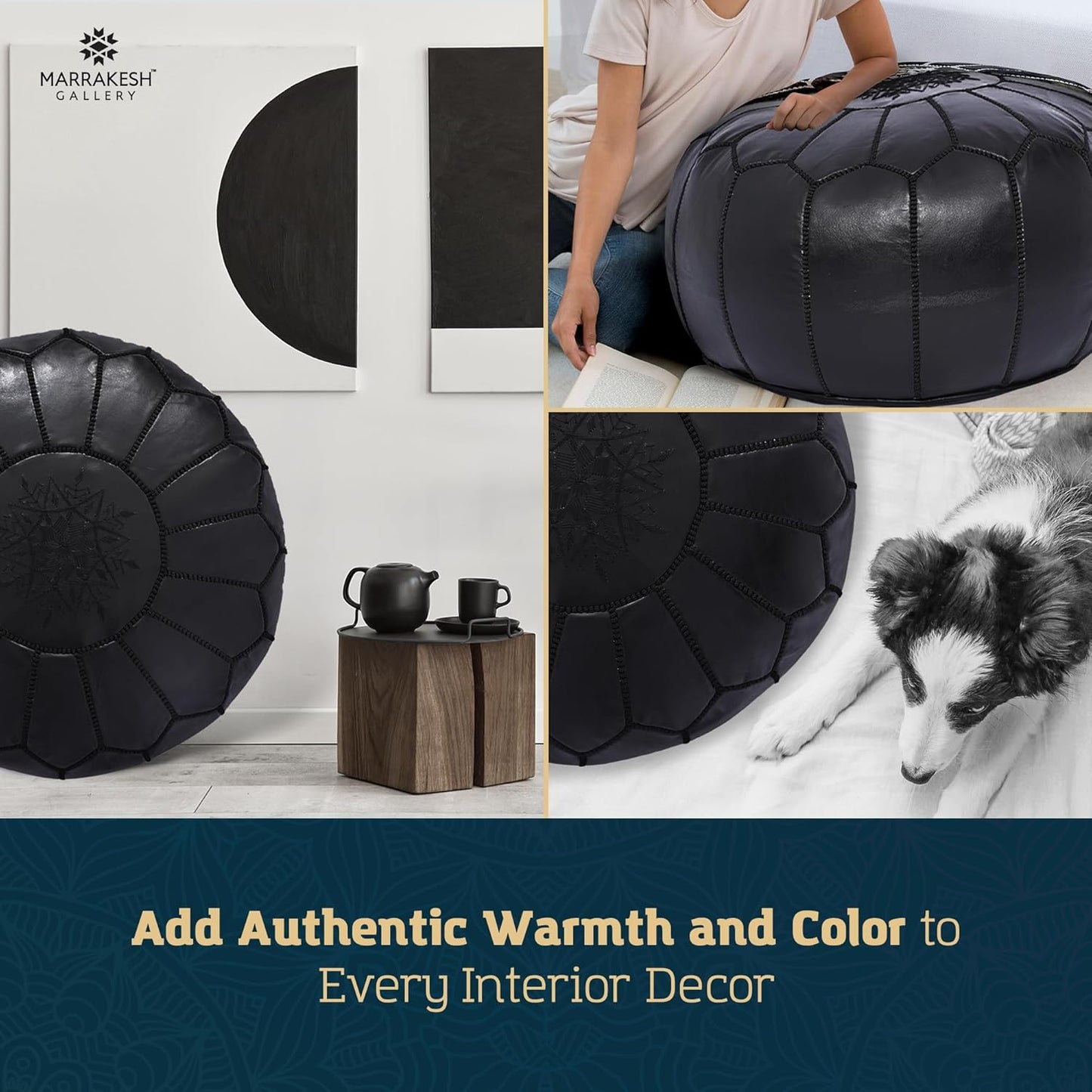 Marrakesh Gallery Genuine Leather Round Pouf Unstuffed - Moroccan Ottoman Footstool, Footrest Cover - Boho Decor - Bohemian Living Room, Bedroom, Kids Room, Gift & Wedding