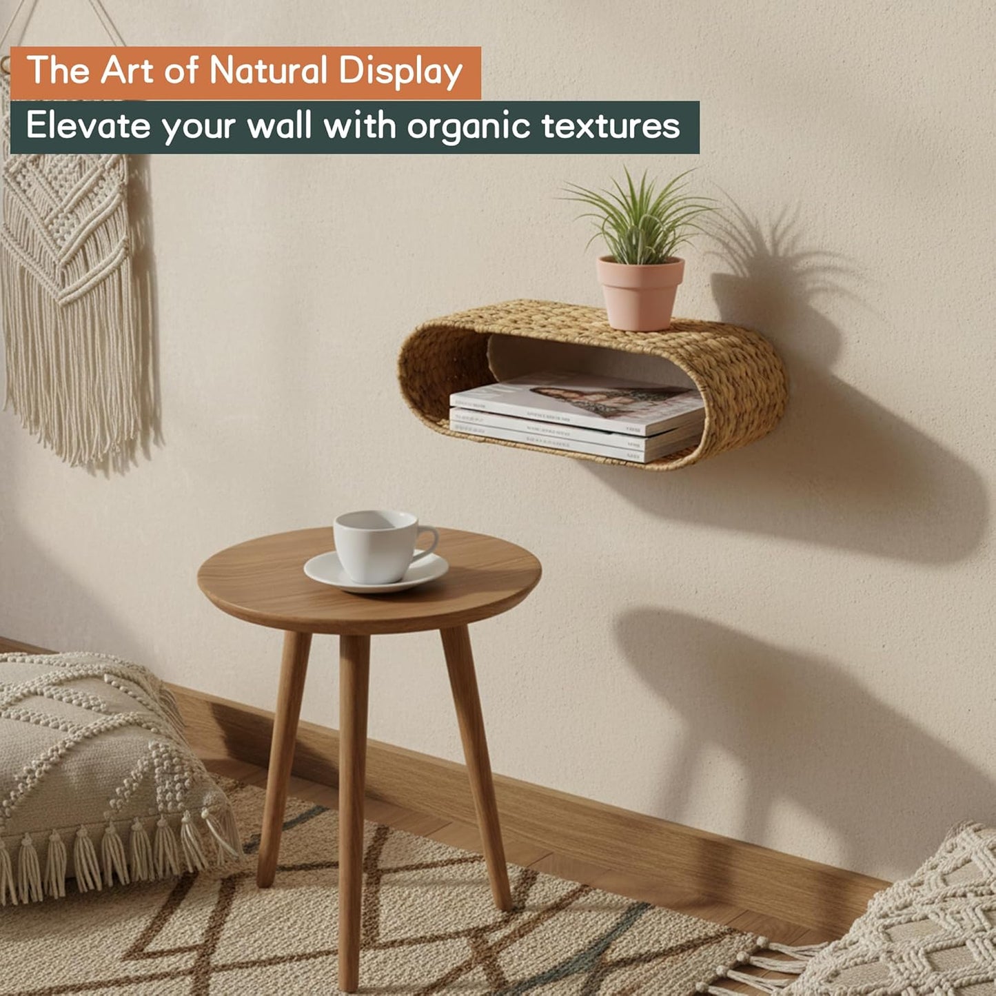 Wicker Wall Shelf,16.5'' Cute Boho Rattan Wall Mounted Shelves for Toilet Paper Storage,Plant, Book, Decorative,Natural Water Hyacinth Floating Shelves for Bathroom Decor,Nursery,Living Room
