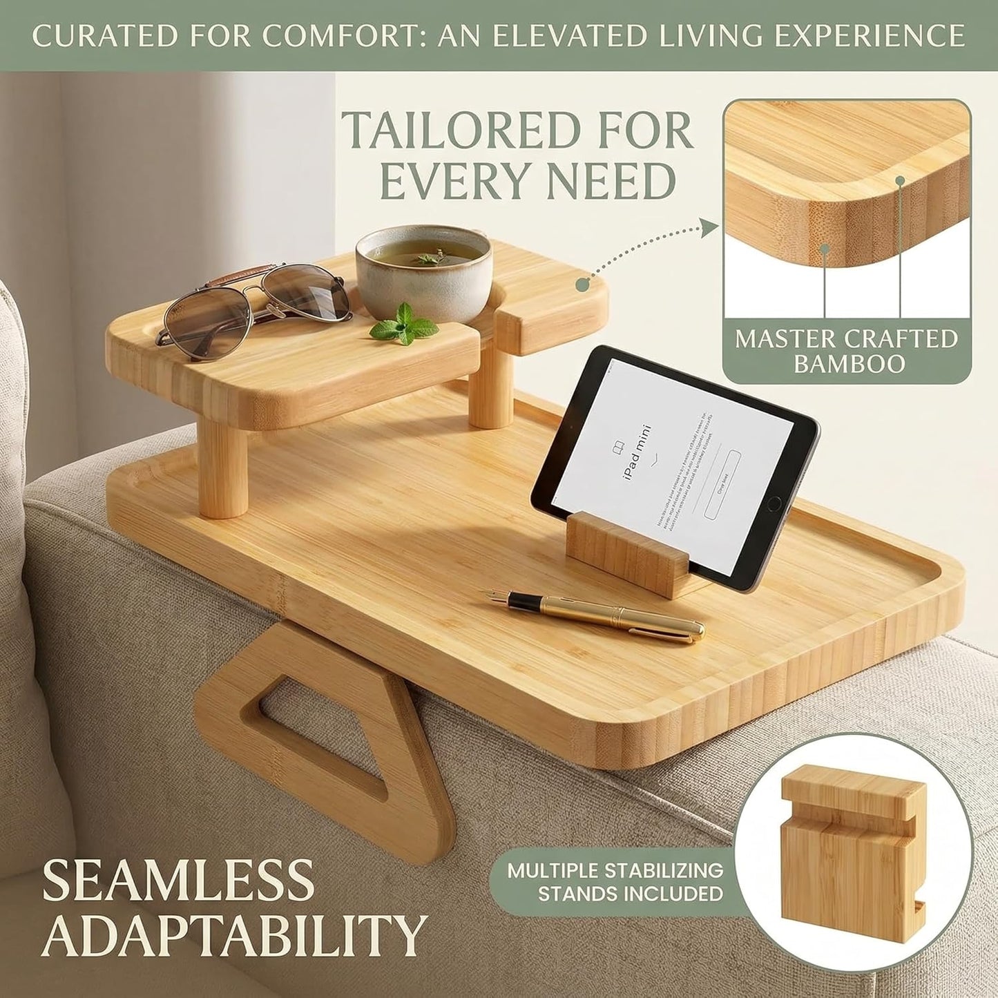 Wood Sofa Arm Tray Premium Bamboo Couch Armrest Tray with Phone Holder & Cup Holder | Sofa Side Table for Snacks, Drinks & Remote | 13.8"x9.8"x3.9" Folding Design