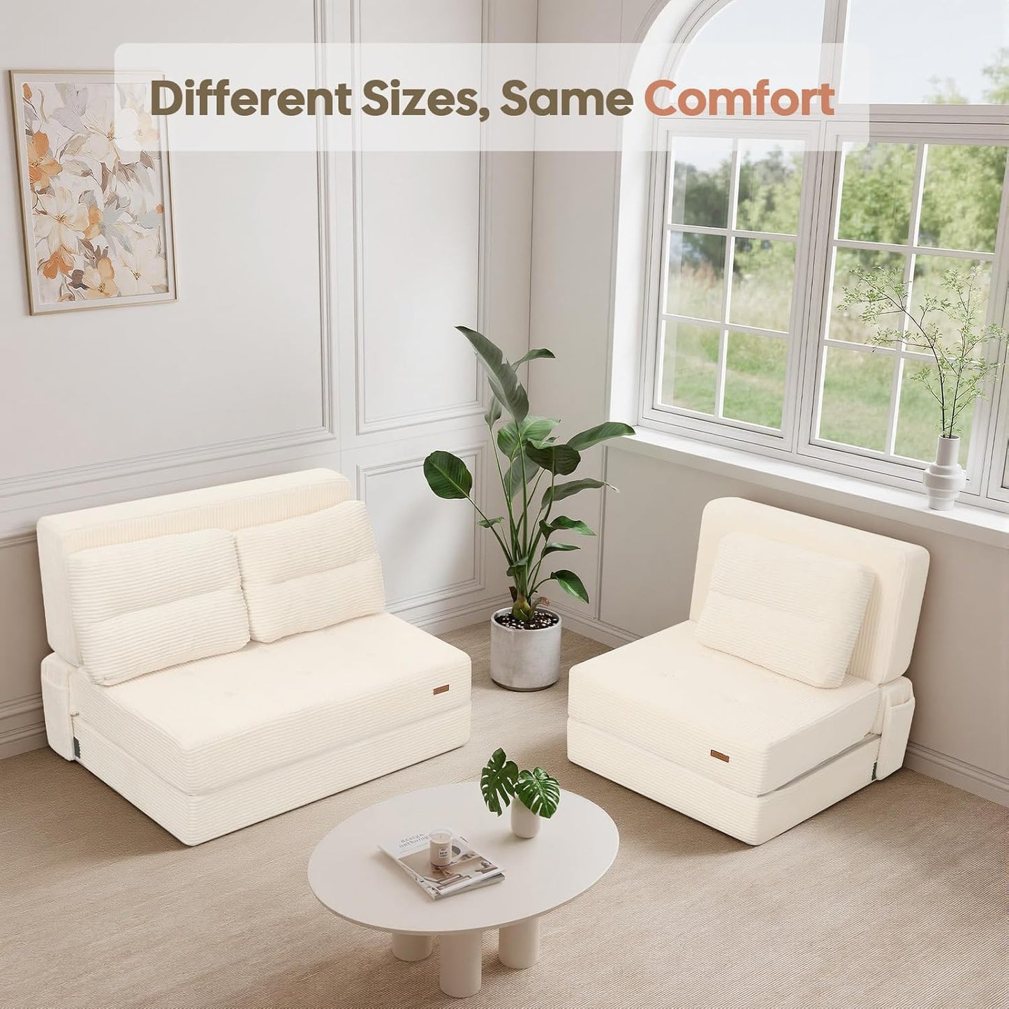COMAX Folding Sofa Bed, Foldable Couch for Bedroom, Convertible Floor Sleeper Futon Chair Foam, Corduroy 3 in 1 Fold Out Chair Portable Comfy Lounge Couch Sofa Bed for Small Space, Twin, Beige