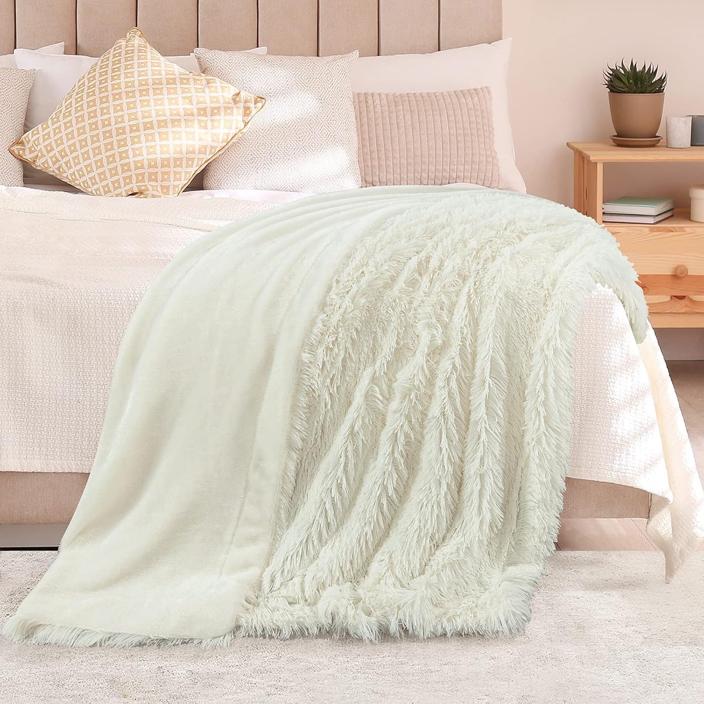 TOONOW Extra Soft Fuzzy Faux Fur Throw Blanket 50"x60", Reversible Lightweight Fluffy Cozy Plush Comfy Microfiber Fleece Decorative Shaggy Blanket for Couch Sofa Bed, Cream White