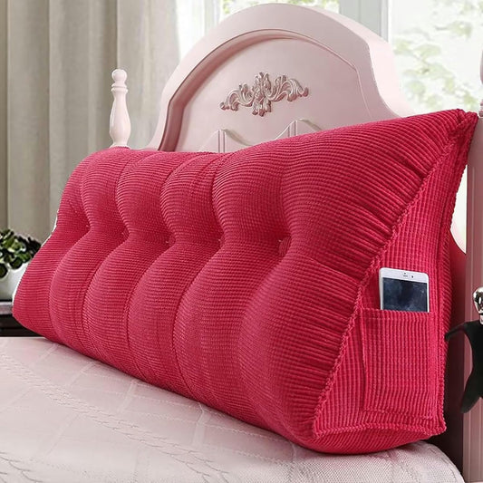 Large Triangular Headboard Wedge Bed Rest Reading Pillow Corn Velvet Backrest Positioning Support Bolster Cushion with Removable Cover, 59x10x20in, Rose Red