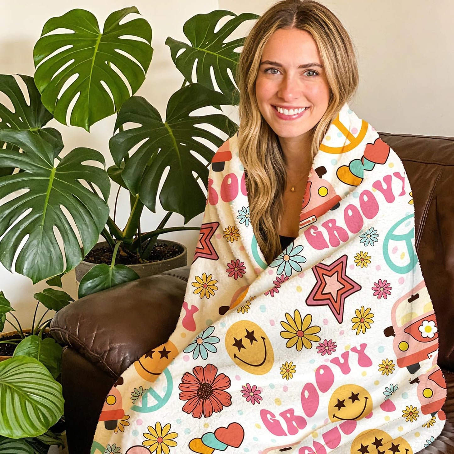 Retro Groovy Hippie Flannel Throw Blanket, Vintage Hippy Bus Daisy Flower Smiley Face Peace Love Gifts for Kids Men Women, Colorful Stars Polka Dots Soft Blankets for Bedding Sofa 50" x 60"