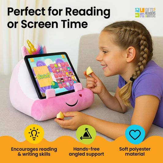 Gifts for Readers & Writers Tablet & Book Stand for Kids, Soft Reading Pillow, Book Holder with Pockets for Storage, Suitable for eReader/iPad/Kindle or Galaxy Devices, Cuddly Reader Unicorn