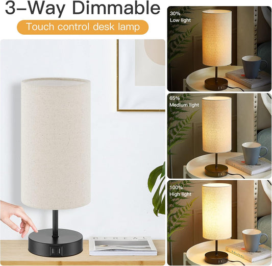Touch Control Bedside Lamp with 2 USB Ports, 3-Way Dimmable Table lamp for Bedroom, Nightstand Lamp with Round Linen Fabric Shade for Living Room Home Office (E26 LED Bulb Included)