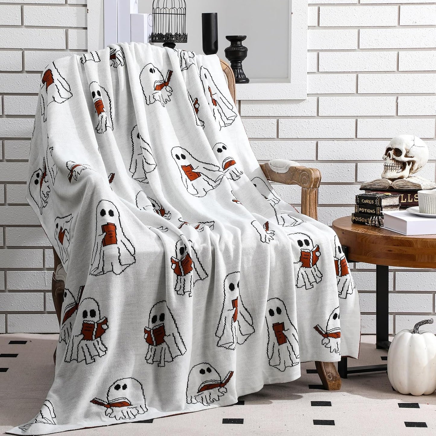 Easter Day Halloween Ghost Reading Book Blanket 50 x 60 Inches Soft Knit Throw with Ghosts Reading Book Pattern Halloween Easter Decoration Gift for Living Room Couch Sofa Bed