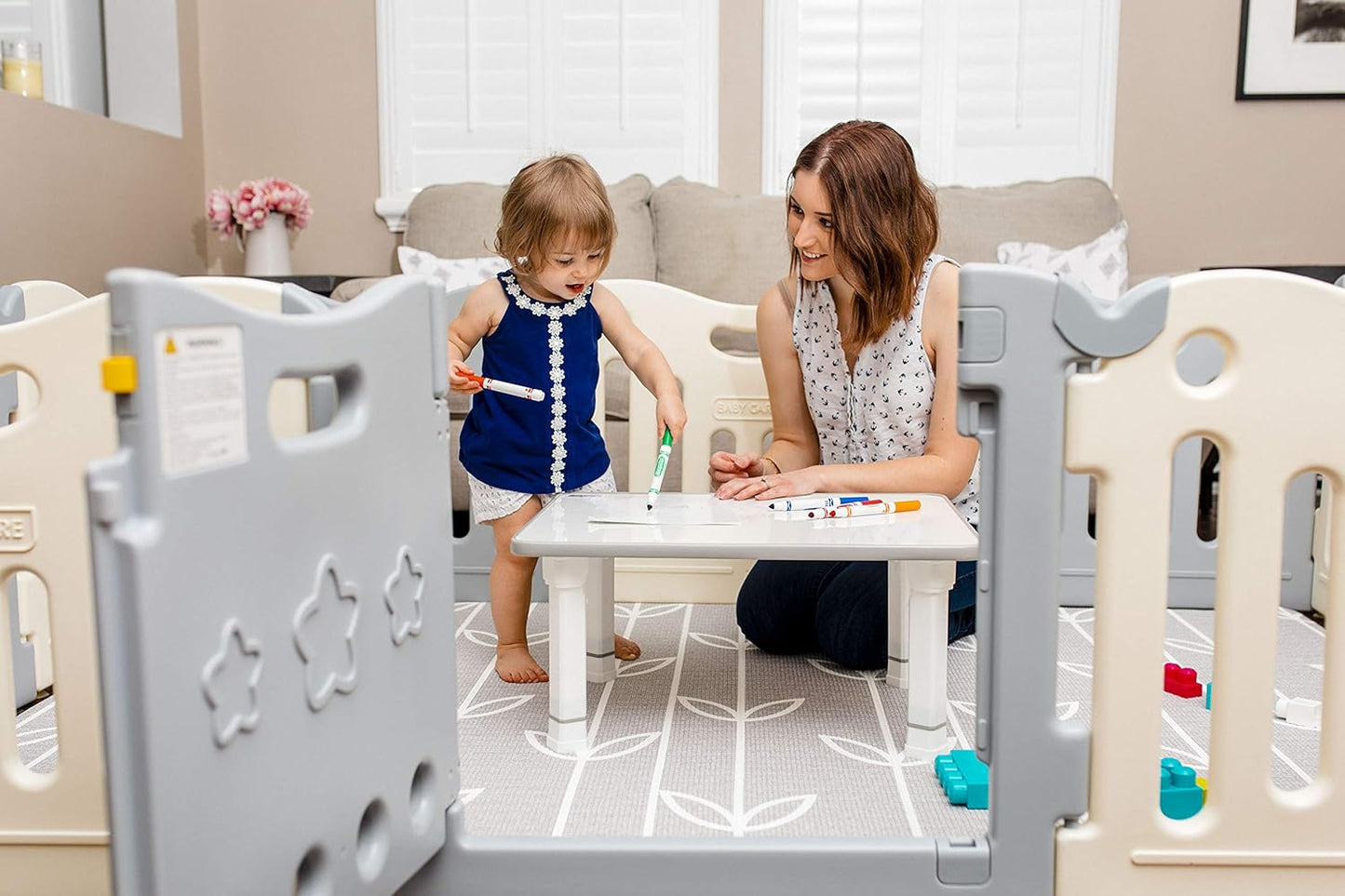 Kids Folding Floor Table — Adjustable Heights, for Play / Reading / Snack Time, White/Blue