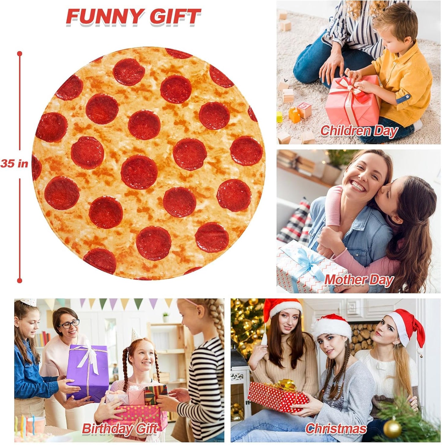 RAINBEAN Burrito Pizza Blankets Funny Gifts, Cute Food Wrap Blanket for Adults Kids, Soft and Fuzzy Throw Blankets for Christmas White Elephant (Pizza, 35Inch)