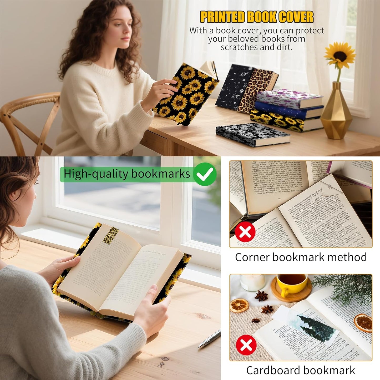 6 Pcs Stretchable Book Cover Jumbo Fabric Book Covers Protector Washable Reusable Protective Textbook Cover for Hardcover Textbooks up to 9 x 11 in with 6 Pieces Magnetic Bookmarks