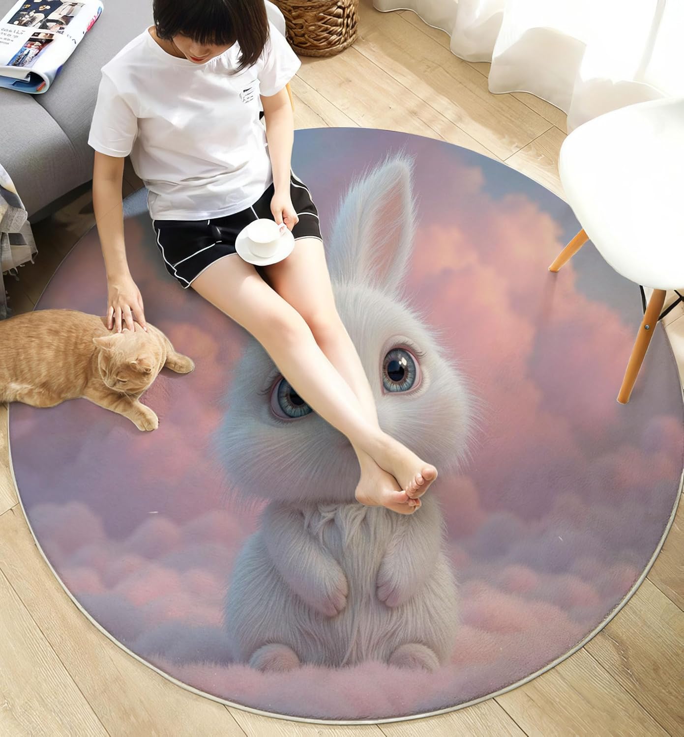 Washable Cute 3D Design Rabbit Sea of Clouds Area Rug, 3Ft Round Rugs for Living Room Soft Carpet for Bedroom Dreamy Animal Indoor Stain Resistant Non-Shedding Floor Carpet, Pink, 3Ft-Round