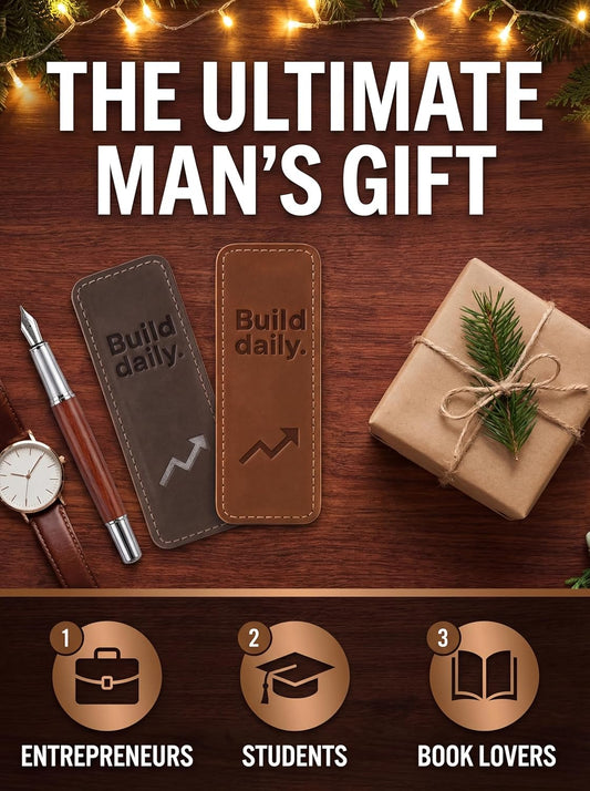 Handmade Leather Bookmarks for Men (2 Pack) - Build Daily Motivational Quote - Full Grain Leather Page Markers for Books, Bible, & Journals - Unique Inspirational Gift for Entrepreneurs & BookLovers