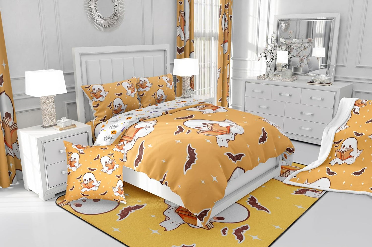 jejeloiu Halloween Cute Ghost Window Curtains for Bedroom Living Room Kawaii Ghost Reading Book Print Curtains Ghost Bats Window Treatments Halloween 30%-50% Blackout Curtains, 52W X 84L,2 Panels
