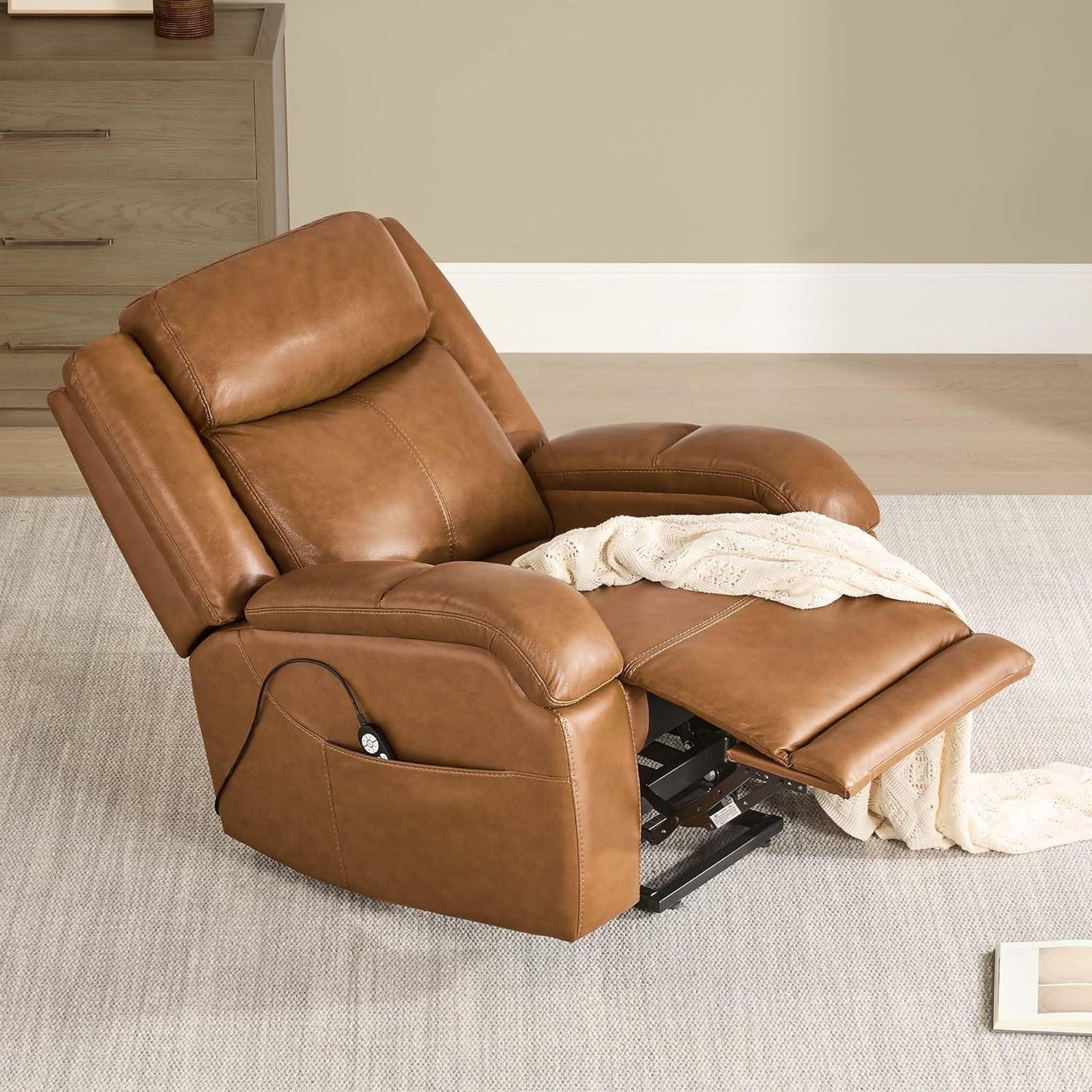 Genuine Leather Power Lift Recliner Chair with Heat and Massage Electric Lay Flat Chairs Headrest Visual Remote Control for Living Room Bedroom