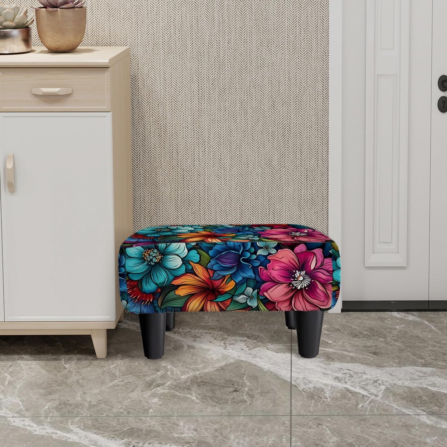 Foot Stool Linen Ottoman Foot Rest Small Footstool with Legs Vintage Floral Extra Seating for Living Room Bedroom, Flower