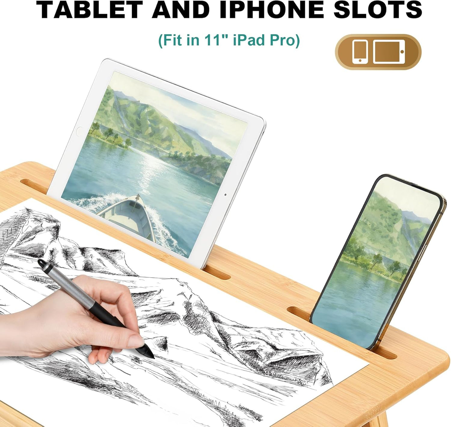 Nnewvante Drafting Table Bamboo Tabletop Easel Foldable Drawing Desk with Adjustable Height & Angle Drawing Board with Tablet and Phone Slots for Painting, Reading, Writing