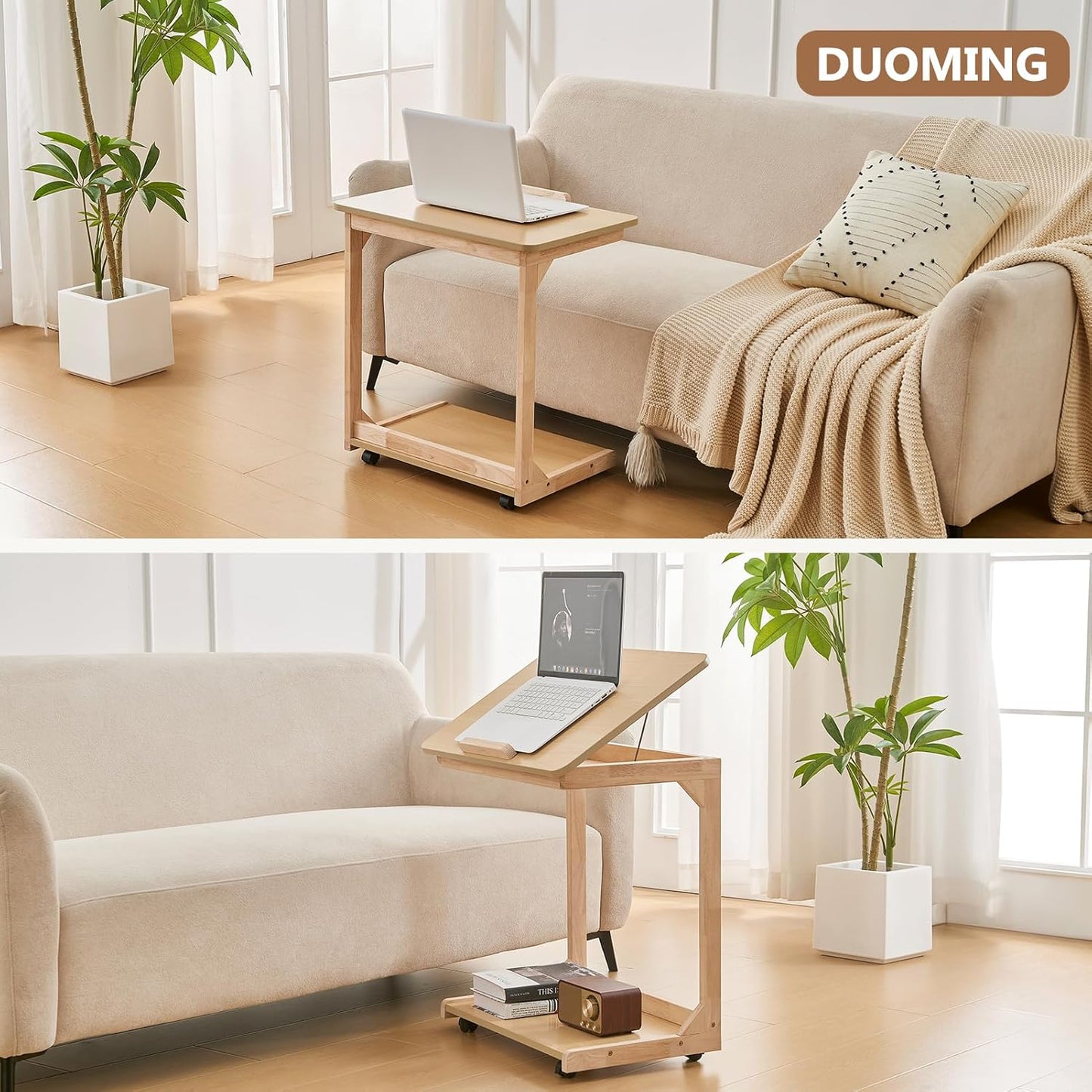 DUOMING Small Laptop Table with Wheels - Rolling Laptop Side Table Desk for Couch, Bedside Table Bedroom, Wooden TV Tray for Living Room, Natural
