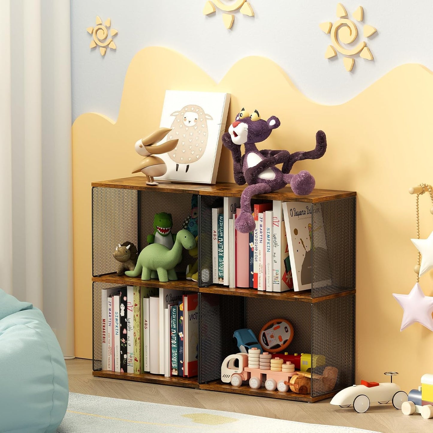 Small Bookshelf 2 Tiers Bookshelf for Small Spaces DIY Variable Stackable Cube Storage Organizer for Kid Bedroom,Living Room, Black Brown Wooden,2 Tiers Non-Detachable