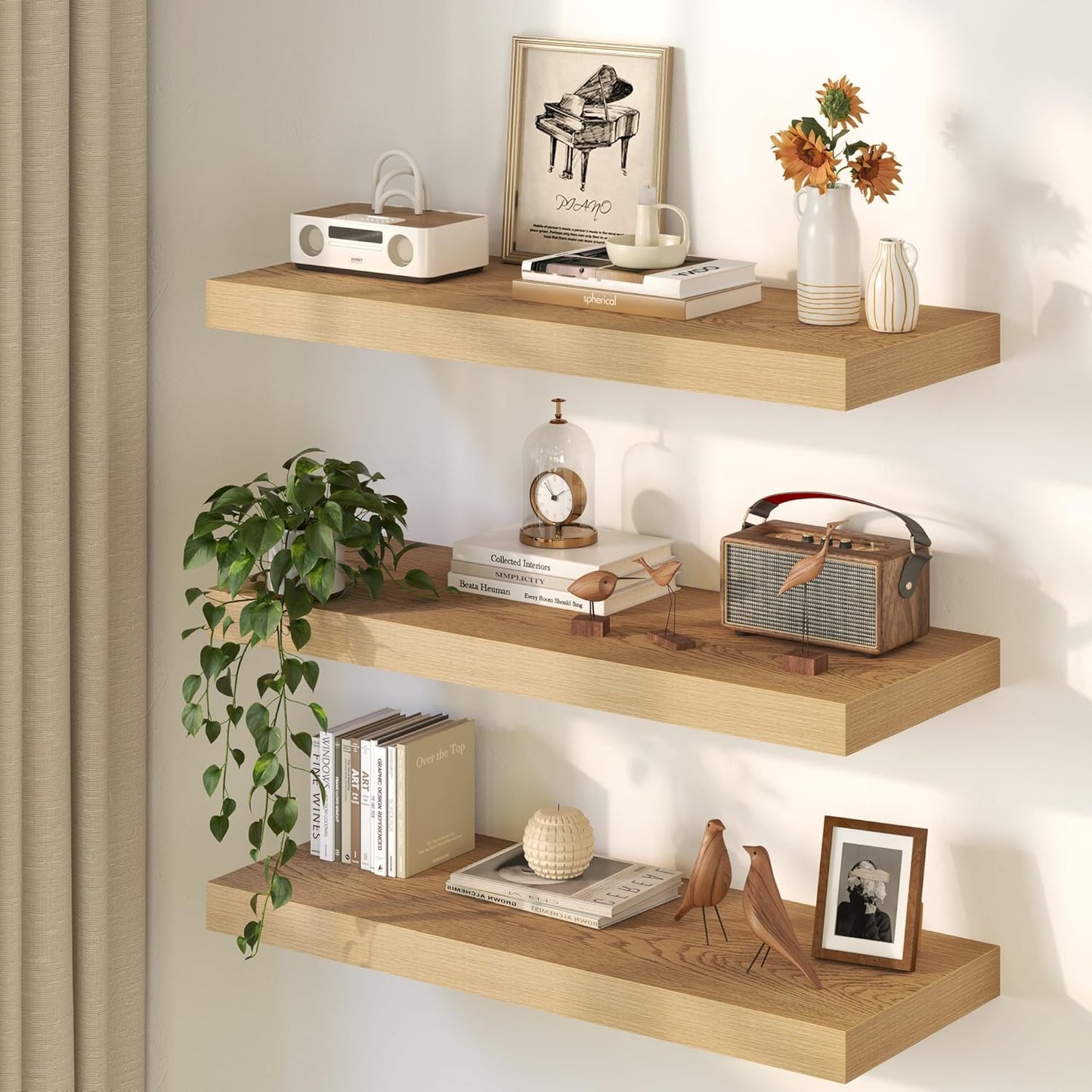 32Inch Oak Floating Shelves for Wall, 12 Inch Deep Shelves for Bedroom, Kitchen, Bathroom Wall Mounted, Rustic Wood Floating Shelf with Invisible Brackets for Books, Storage, Decor, 2 Packs